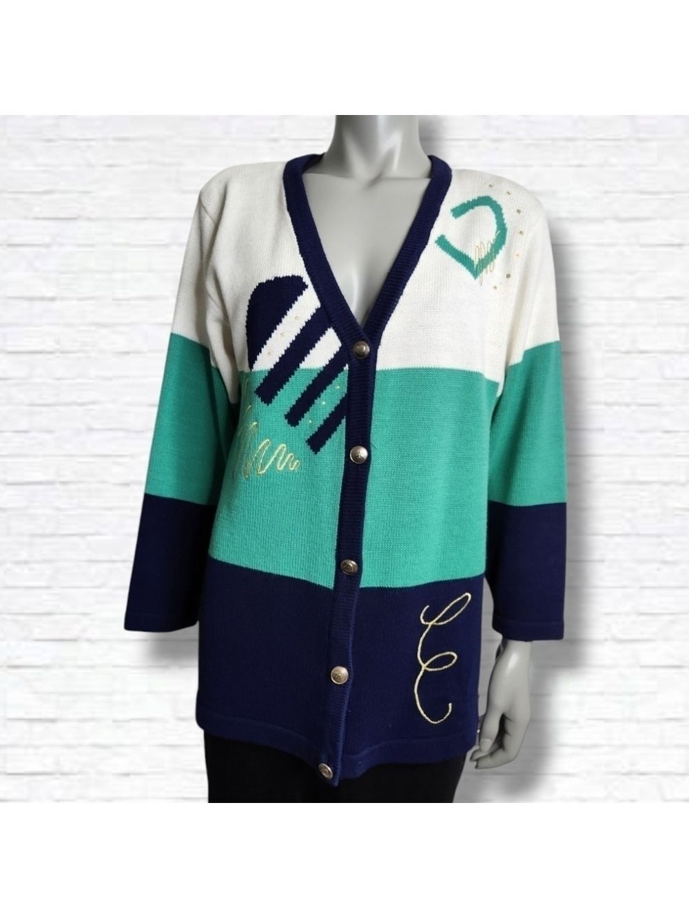Vintage Tan Jay Tacky Green, Blue Colourblock Button Cardigan Size M